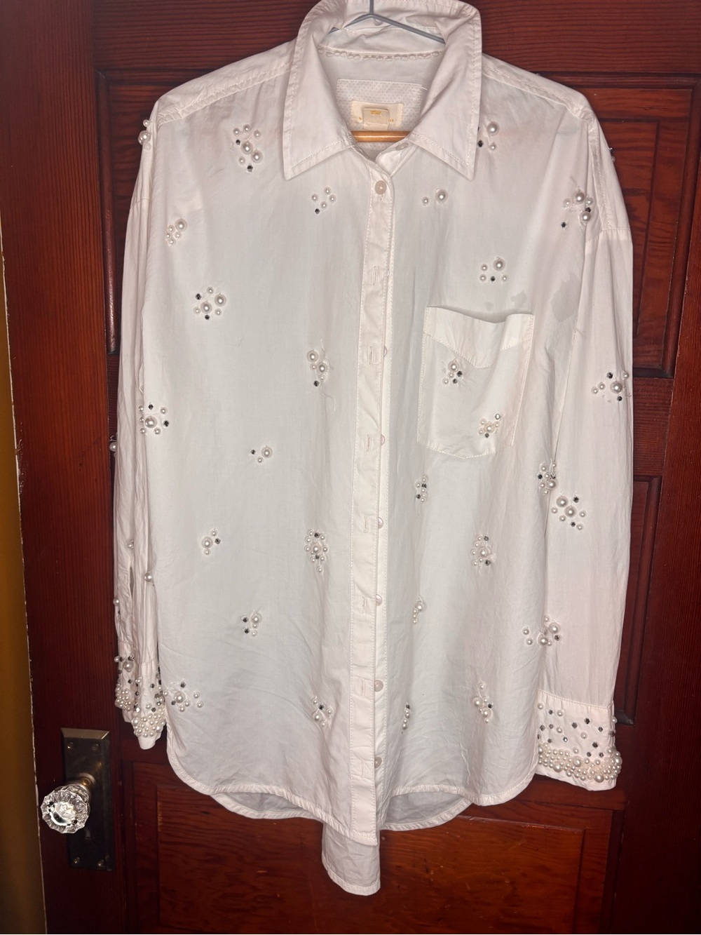 Maeve Anthropologie White Pearl Embellished Button-Up Shirt XS